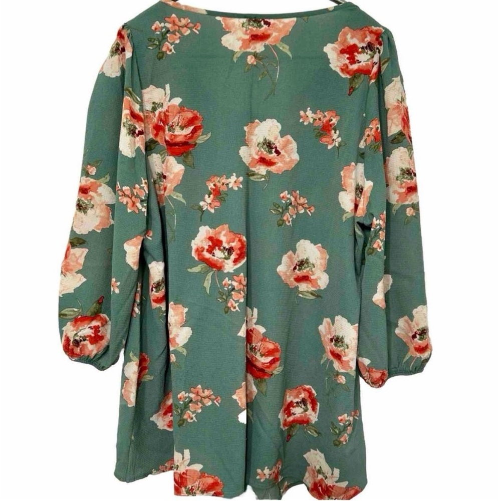 Cool Melon Green Pink & Red Floral Pleated Three-Quarter Puff Sleeve Blouse, 1x - Picture 2 of 7